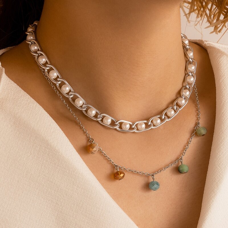 

1pc Faux Pearl Layered Chain Choker, Silver