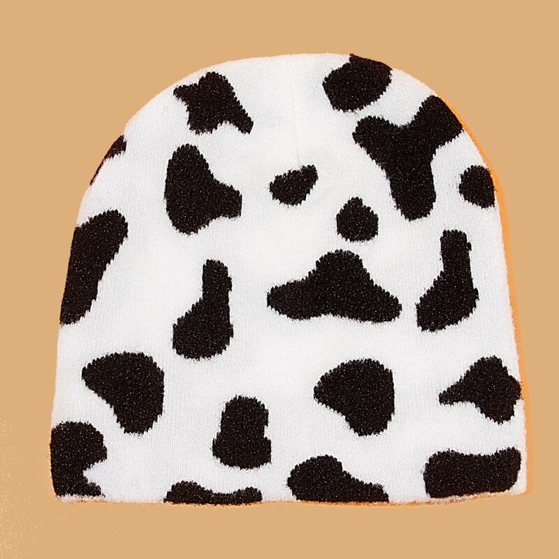 

Guys Cow Graphic Knit Beanie, Black and white