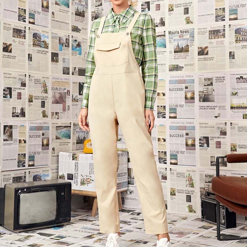 

Plaid Button Pocket Top & Pinafore Jumpsuit, Multicolor