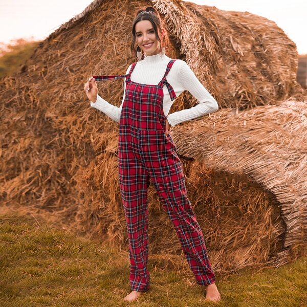 

Tartan Plaid Pinafore Jumpsuit, Burgundy