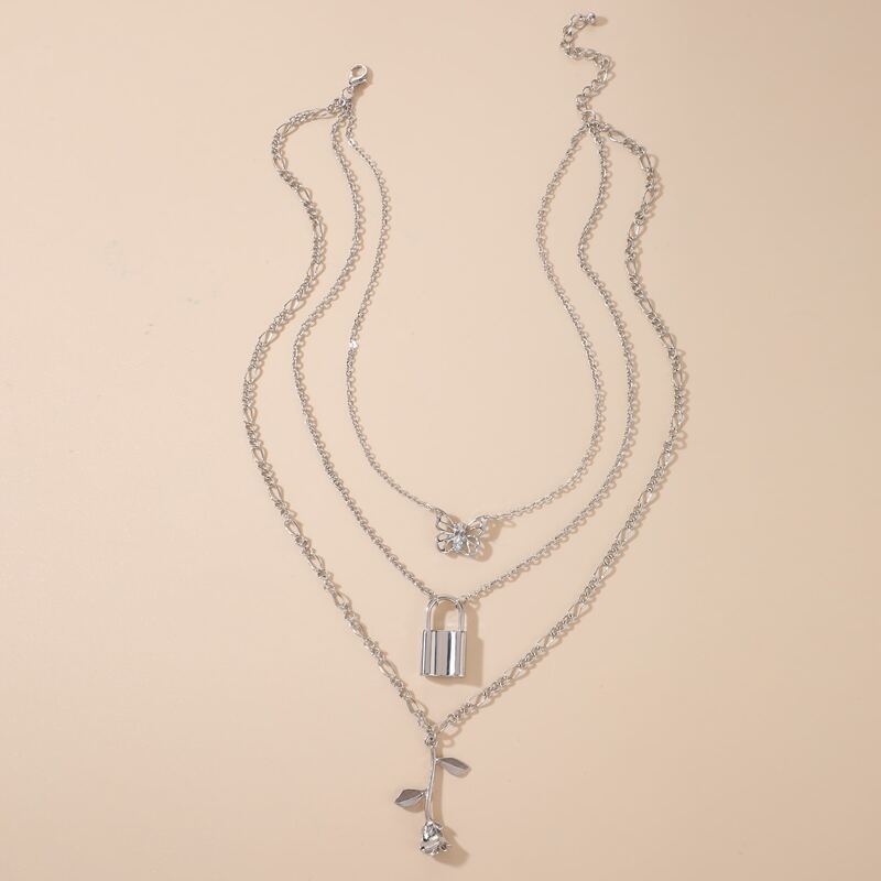 

1pc Rose Pendant Layered Necklace, Silver
