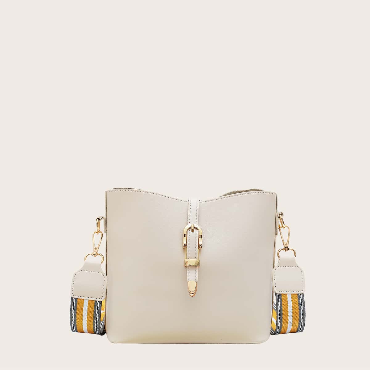 

Pin Buckle Decor Bucket Bag, Beige