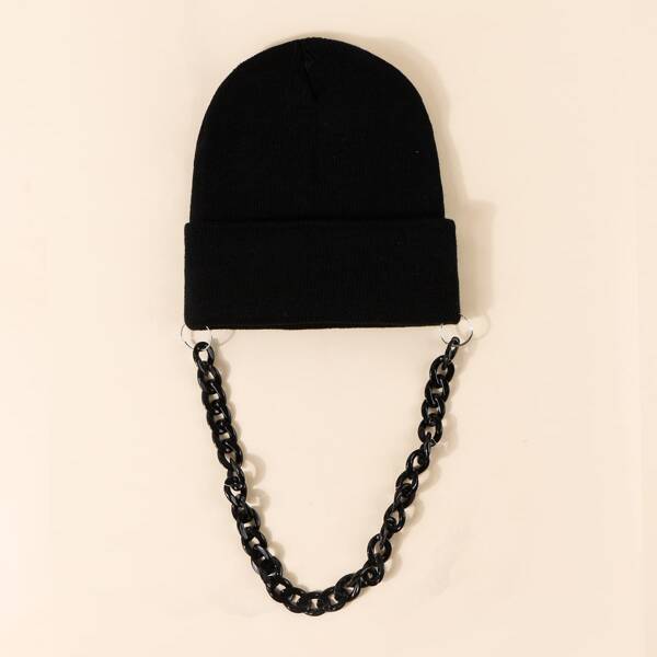

Men Chain Decor Cuffed Beanie, Black