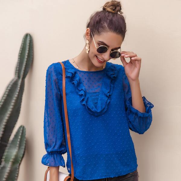 

Flounce Sleeve Swiss Dot Ruffle Trim Blouse, Royal blue