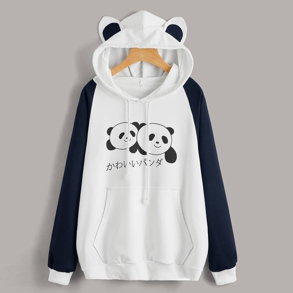 

Japanese Letter And Panda Print Sweatshirt, Multicolor