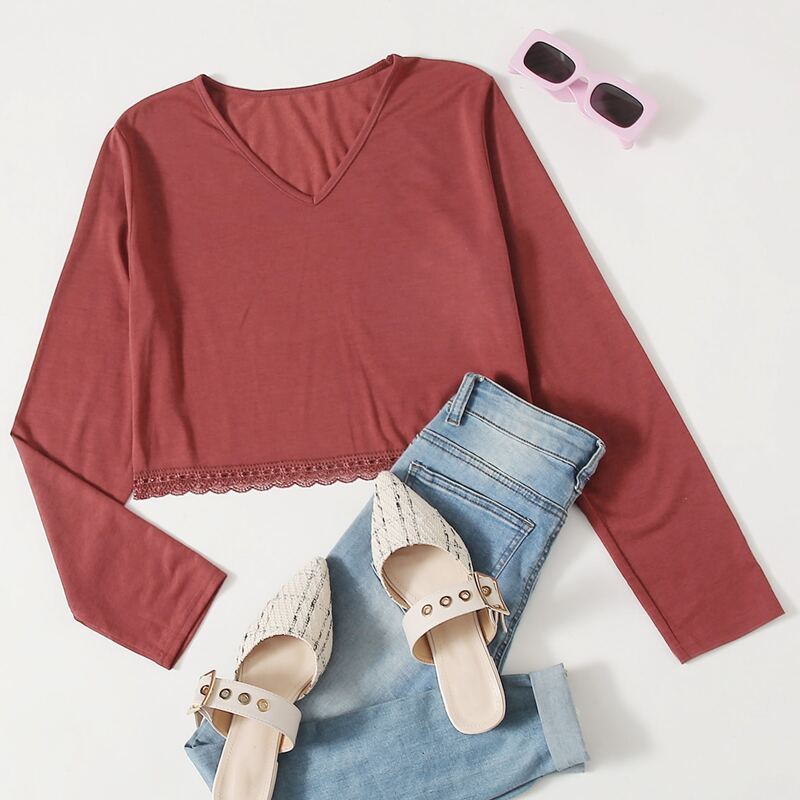 

Solid Lace Trim Crop Tee, Redwood