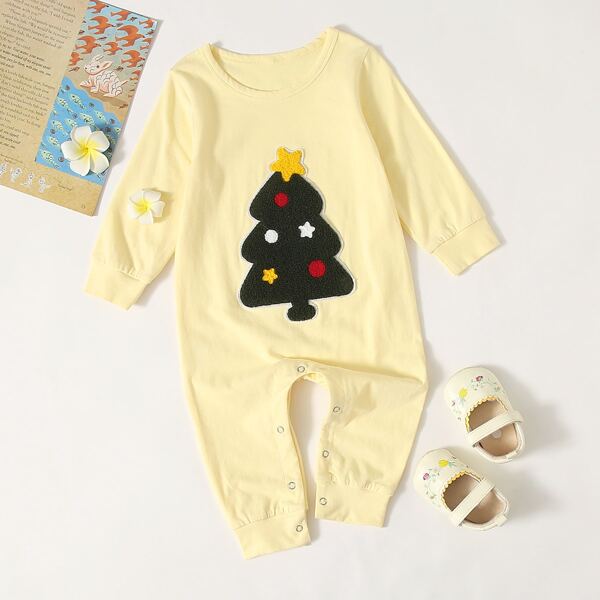

Baby Girl Christmas Tree Patched Popper Jumpsuit, Yellow pastel