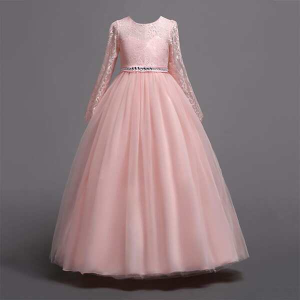 

Girls Contrast Lace Rhinestone Gown Dress, Baby pink