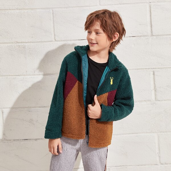 

Boys Deer Embroidery Teddy Coat, Multicolor