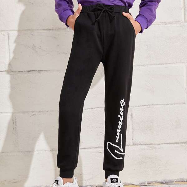 

Boys Tie Front Letter Graphic Sweatpants, Black