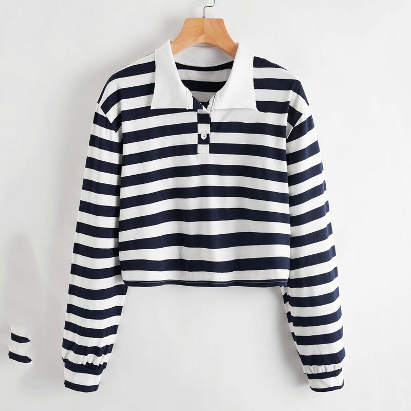 

Striped Polo Crop Tee, Blue and white