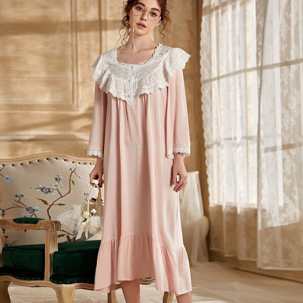 

Eyelet Embroidery Panel Ruffle Hem Nightdress, Baby pink