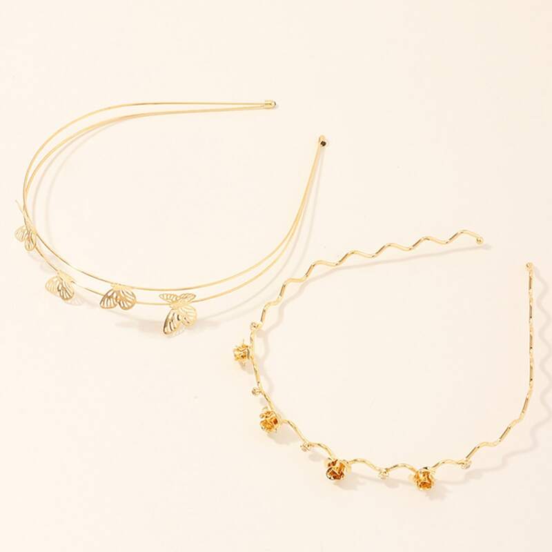 

2pcs Flower & Butterfly Metal Headband, Gold