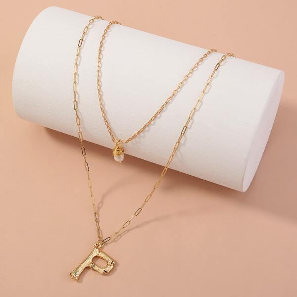 

Letter & Faux Pearl Layered Necklace, Gold