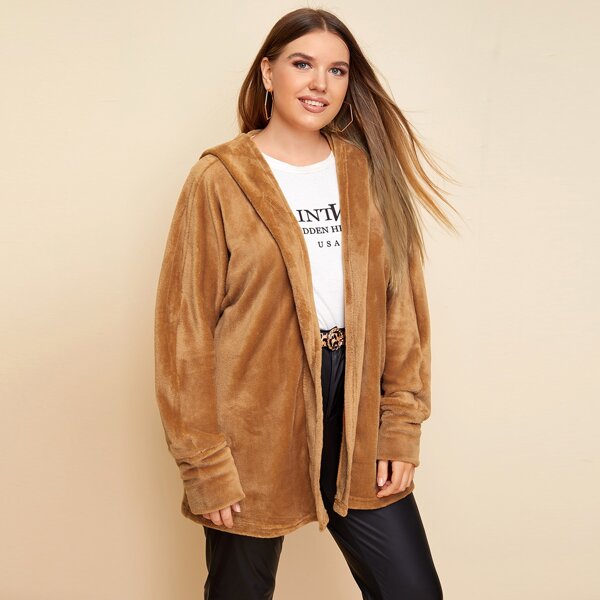 

Plus Batwing Sleeve Hooded Flannel Coat, Brown