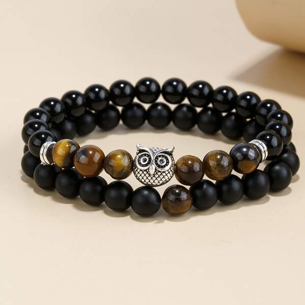 

2pcs Men Owl Decor Beaded Bracelet, Multicolor