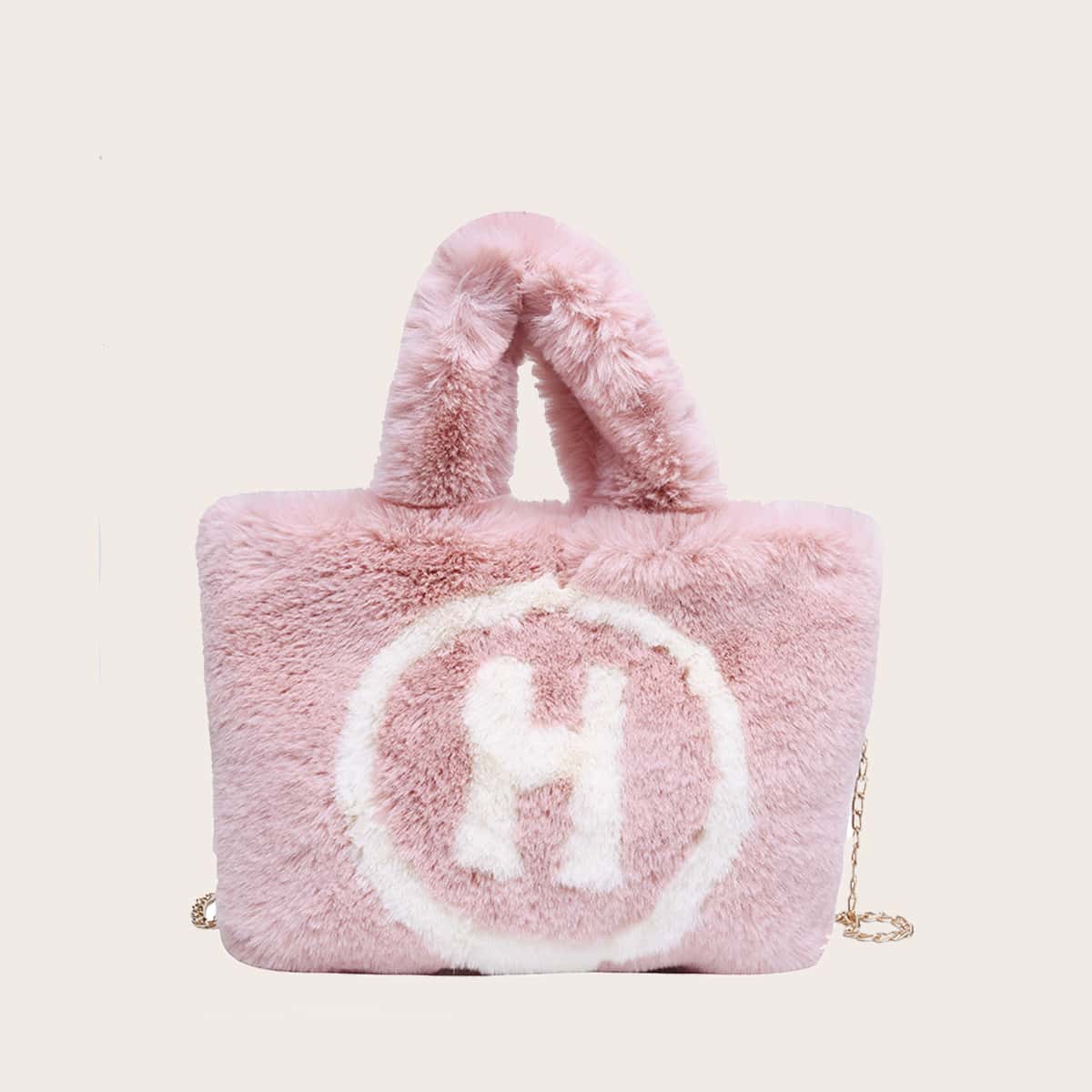 

Letter Graphic Fluffy Tote Bag, Pink