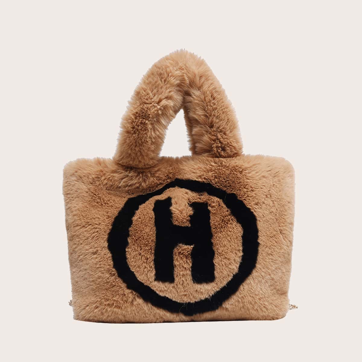 

Letter Graphic Fluffy Tote Bag, Khaki