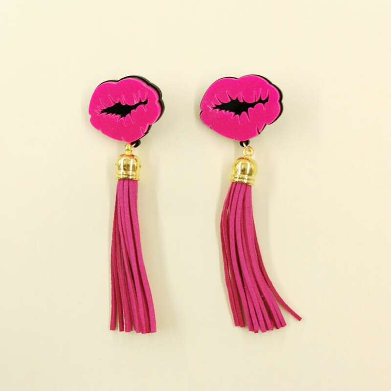 

Mouth Decor Tassel Drop Earrings, Hot pink