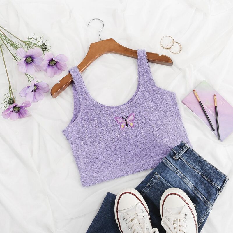 

Butterfly Embroidery Crop Knit Top, Lilac purple