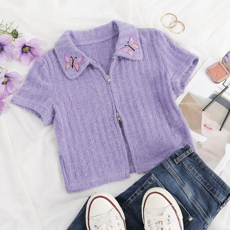 

Butterfly Embroidery Zip Up Cardigan, Lilac purple