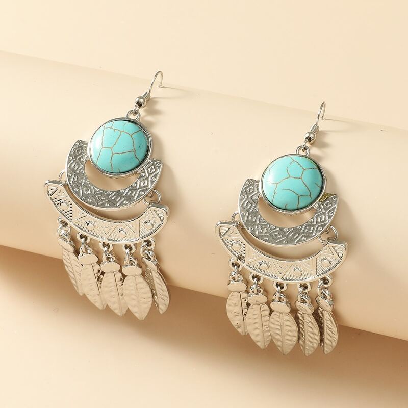 

Turquoise Decor Leaf Tassel Drop Earrings, Silver