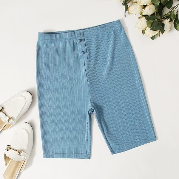 

Button Front Solid Biker Shorts, Dusty blue