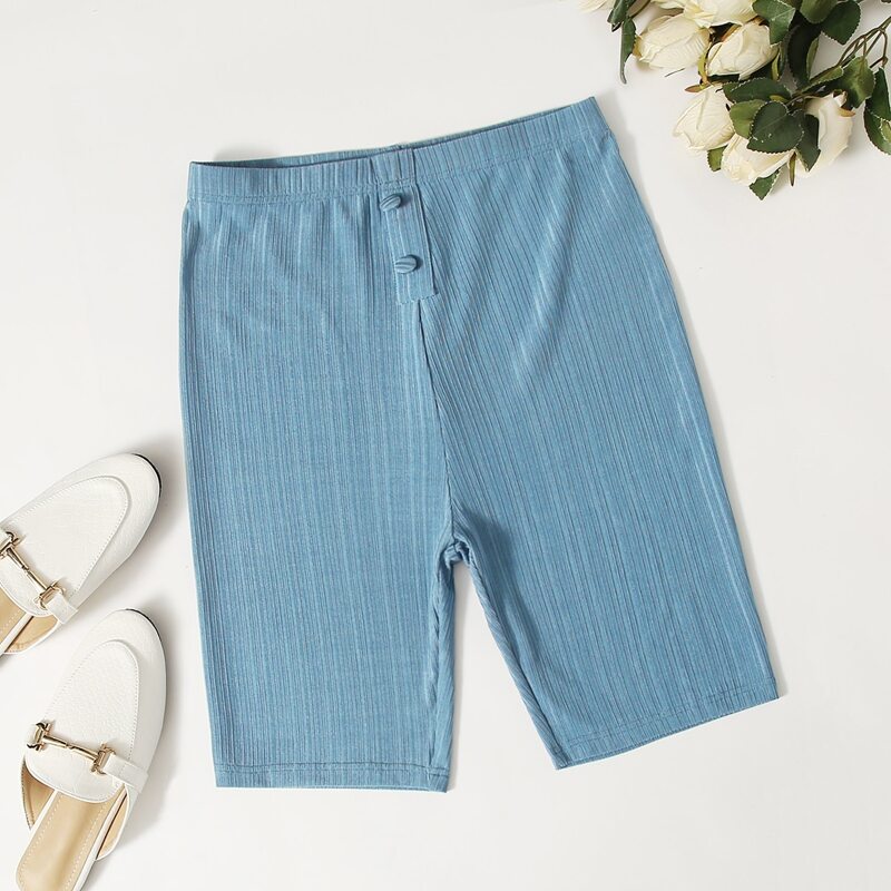 

Button Front Solid Biker Shorts, Dusty blue