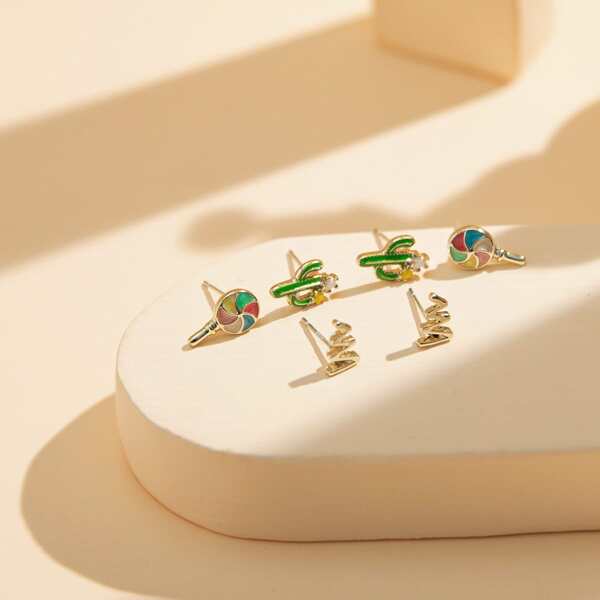 

3pairs Girls Cactus Design Stud Earrings, Multicolor
