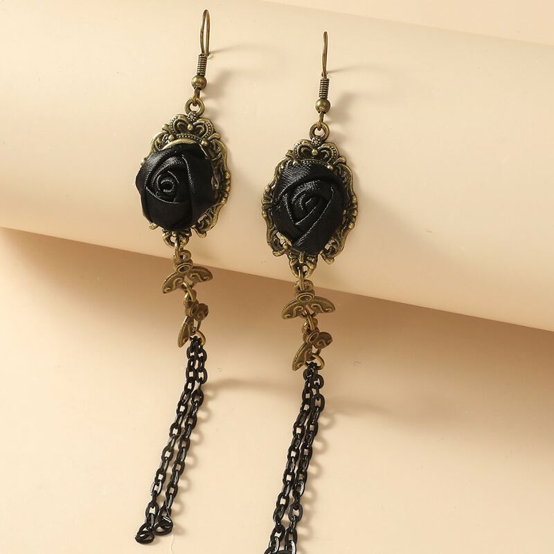 

Flower Decor Tassel Drop Earrings, Black