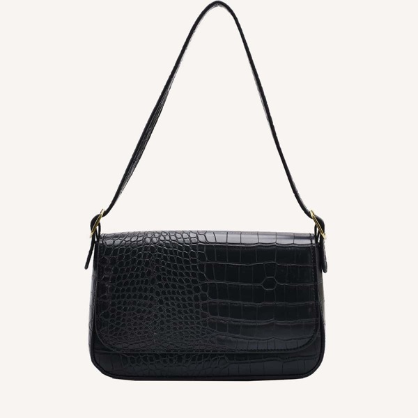 

Croc Embossed Flap Baguette Bag, Black