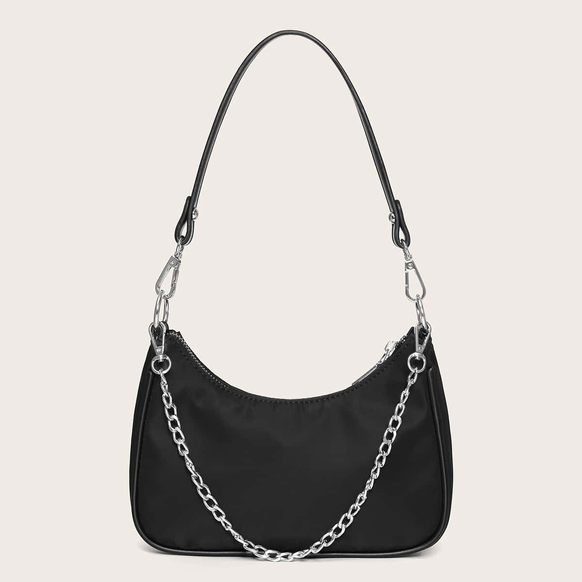 

Chain Decor Baguette Bag, Black