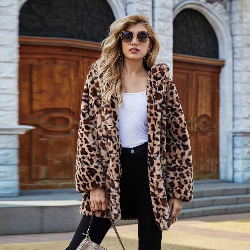 

Leopard Hooded Faux Fur Coat, Multicolor