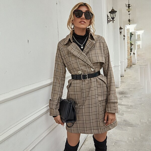 

Plaid Button Pocket Coat Without Belt, Mocha brown