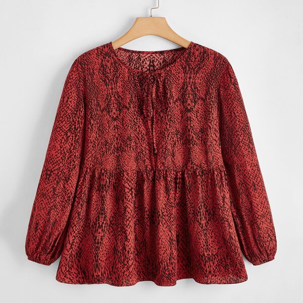 

Plus Snakeskin Print Tie Neck Peplum Blouse, Burgundy