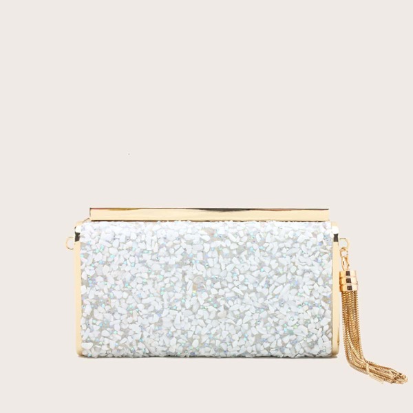 

Metal Tassel Charm Box Clutch Bag, White