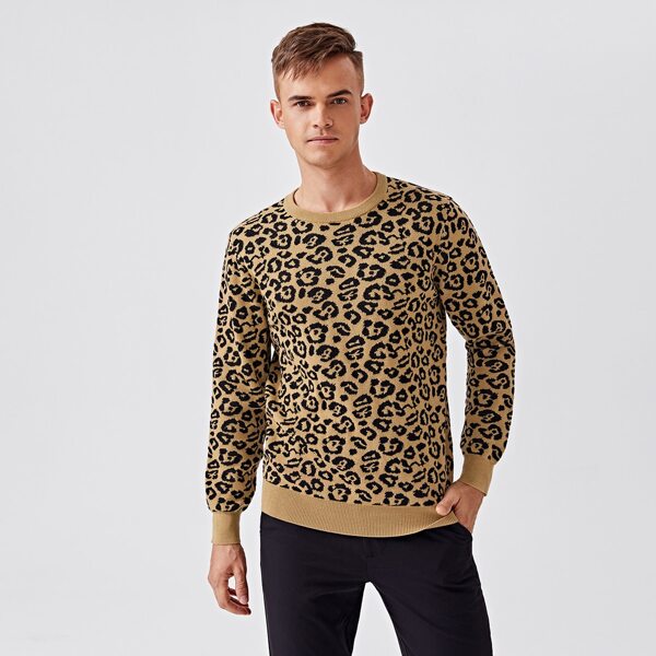

Men Leopard Round Neck Sweater, Multicolor