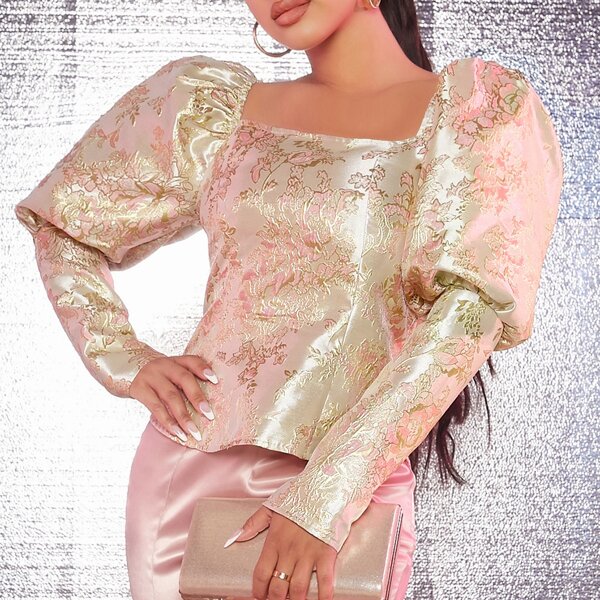 

Zip Back Gigot Sleeve Jacquard Top, Multicolor