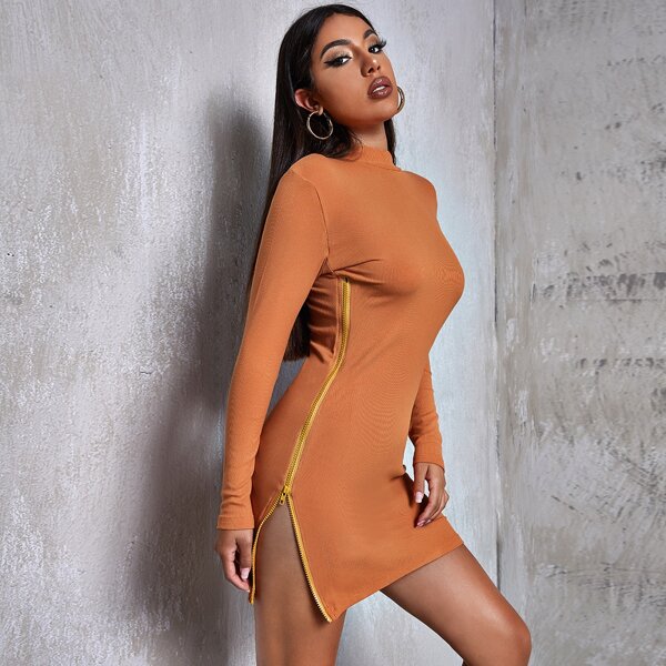 

Mock Neck Zipper Side Rib-knit Dress, Orange