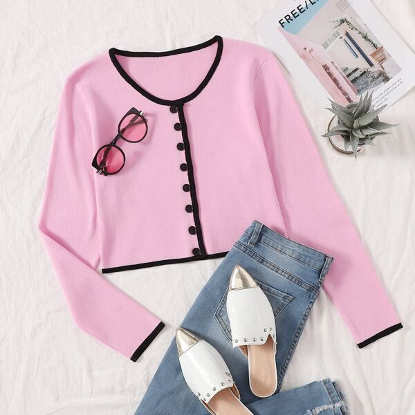 

Contrast Trim Buttoned Cardigan, Pastel baby pink