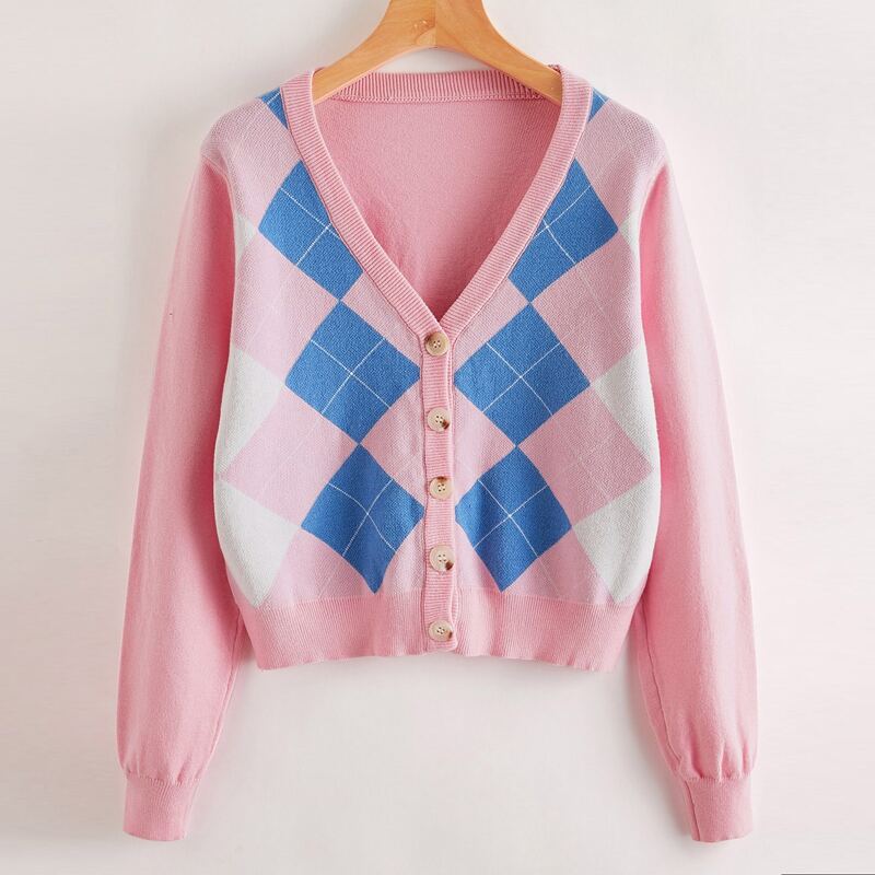 

Argyle Button Front Cardigan, Baby pink