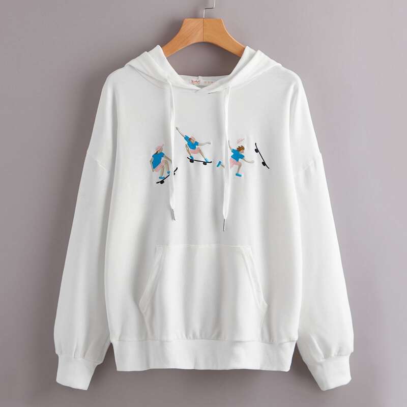 

Kangaroo Pocket Figure Embroidery Hoodie, White