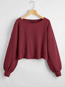 SHEIN Essnce Bishop Sleeve Rib-knit Tee - Burgundy - View 1