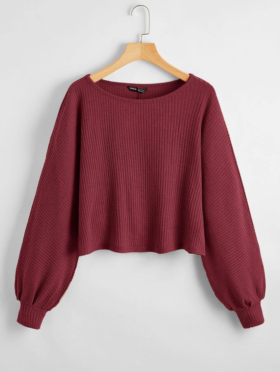 SHEIN Essnce Bishop Sleeve Rib-knit Tee - Burgundy - View 1