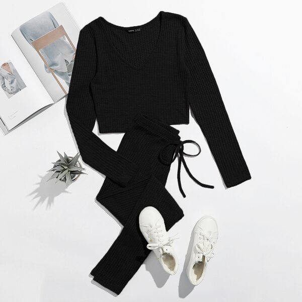 

Waffle Knit Tee & Knot Front Leggings Set, Black