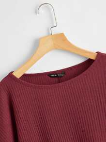 SHEIN Essnce Bishop Sleeve Rib-knit Tee - Burgundy - View 4