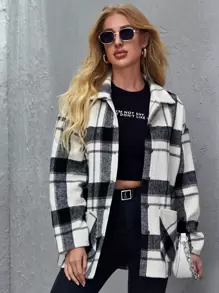 SHEIN معطف مربع النقش بازرار مدروز بجيب ومنخفض الاكتاف
