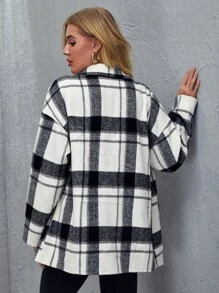 SHEIN معطف مربع النقش بازرار مدروز بجيب ومنخفض الاكتاف