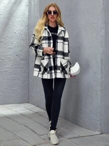 SHEIN معطف مربع النقش بازرار مدروز بجيب ومنخفض الاكتاف