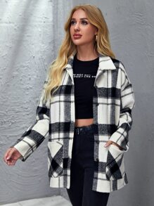 SHEIN معطف مربع النقش بازرار مدروز بجيب ومنخفض الاكتاف